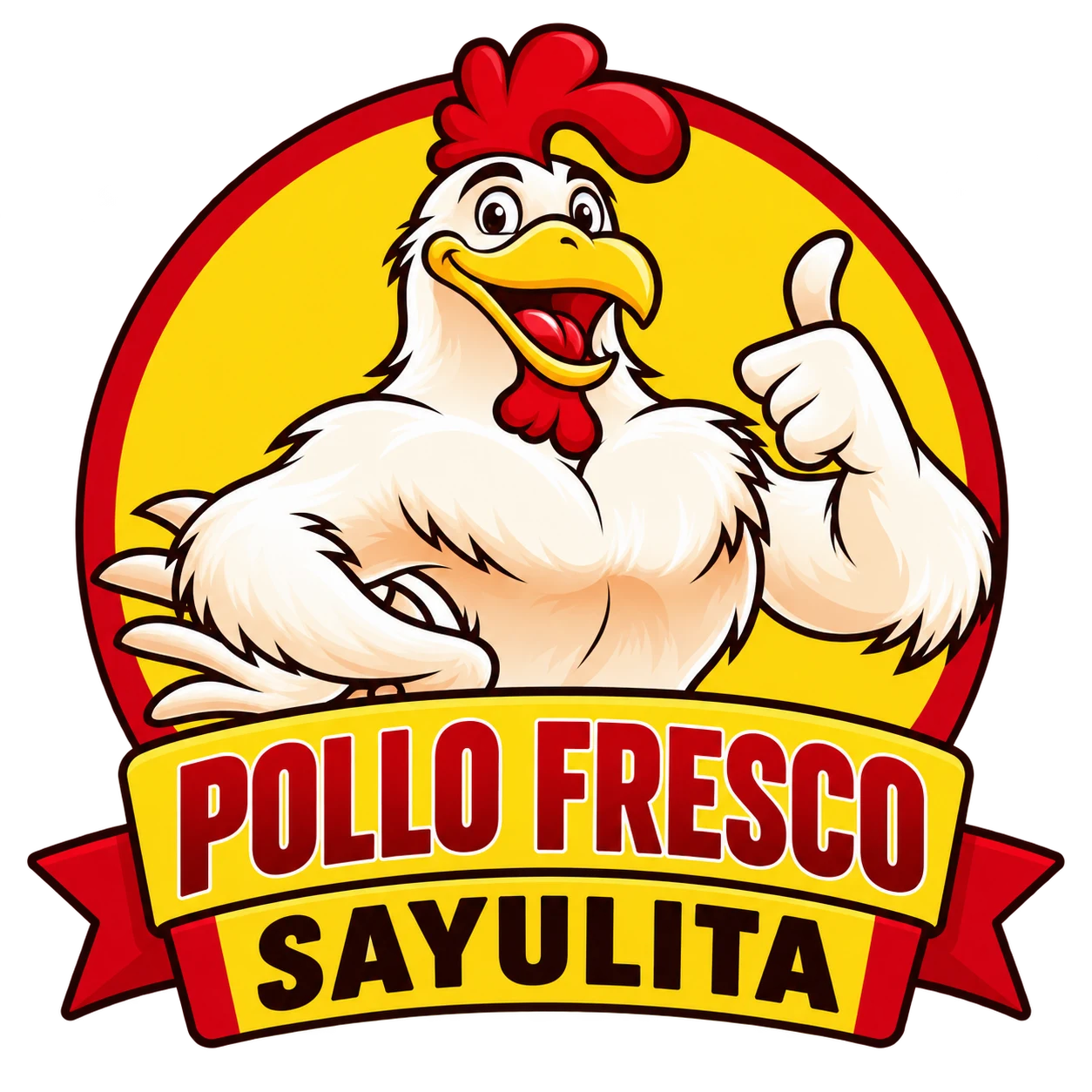 Pollo Fresco Sayulita: pollo blanco sonriente con el pulgar arriba, emblema rojo y amarillo.