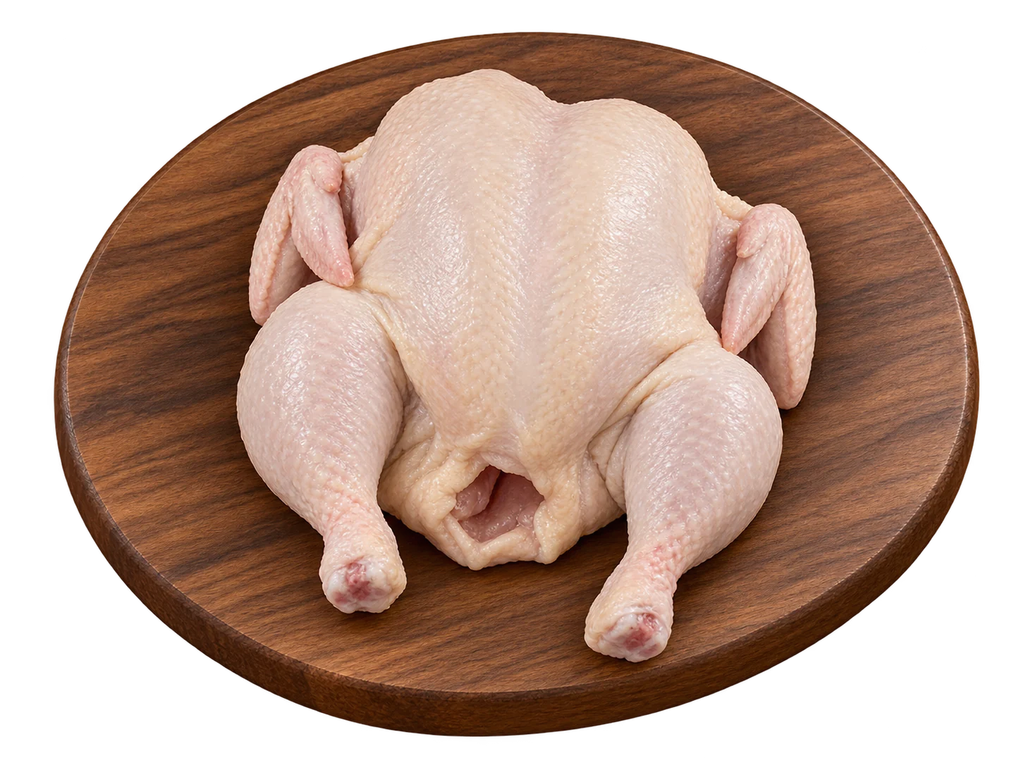 Imagen ilustrativa de pollo entero sobre tabla de madera café.